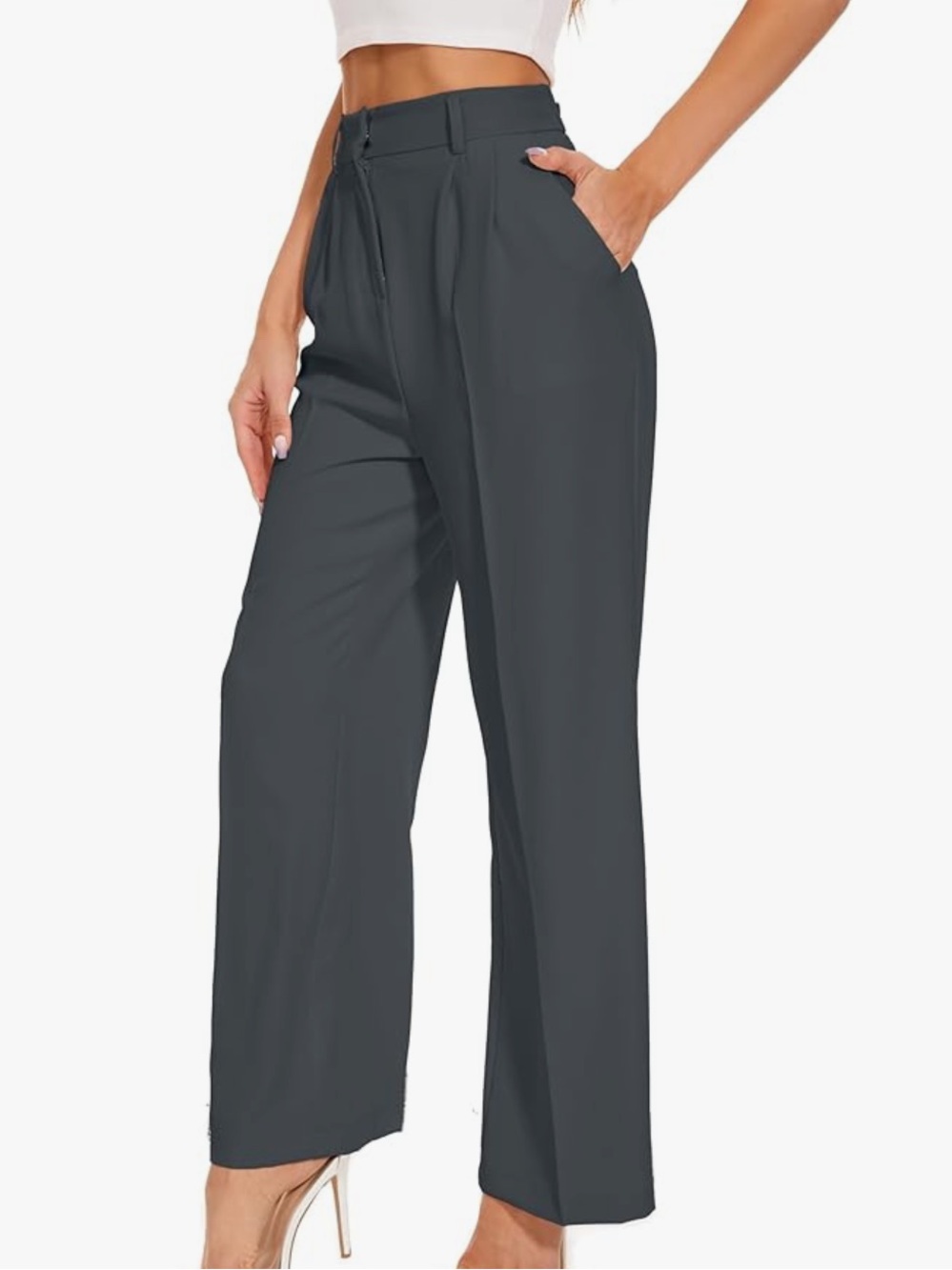 High-Waist Wide Leg Dress Pants for Women - Charcoal Gray